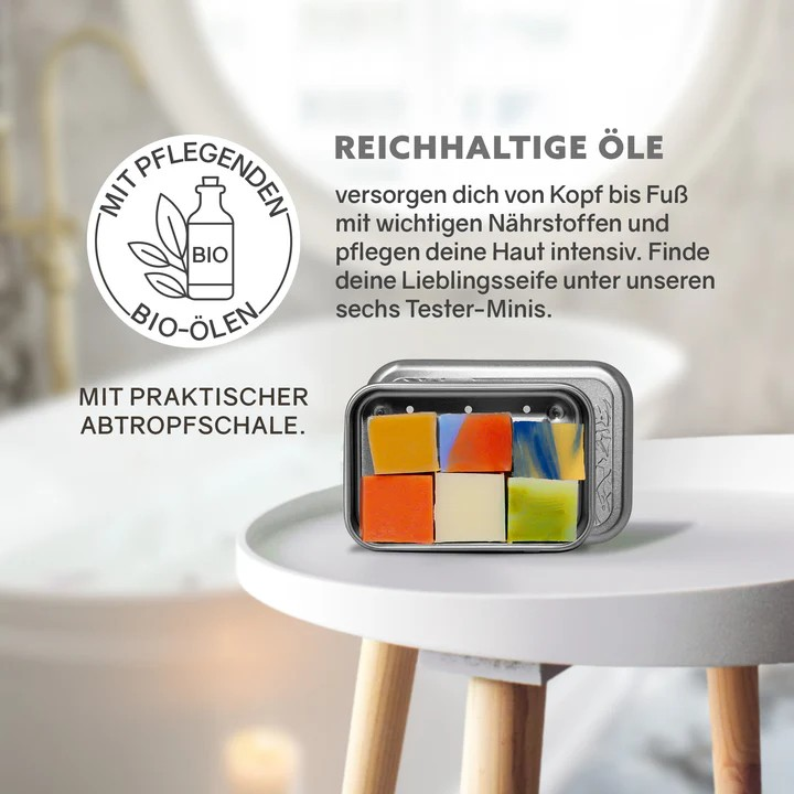 Soap Miniatures Test Box with Silver Soap Box – practical introductory set. 60.00 g