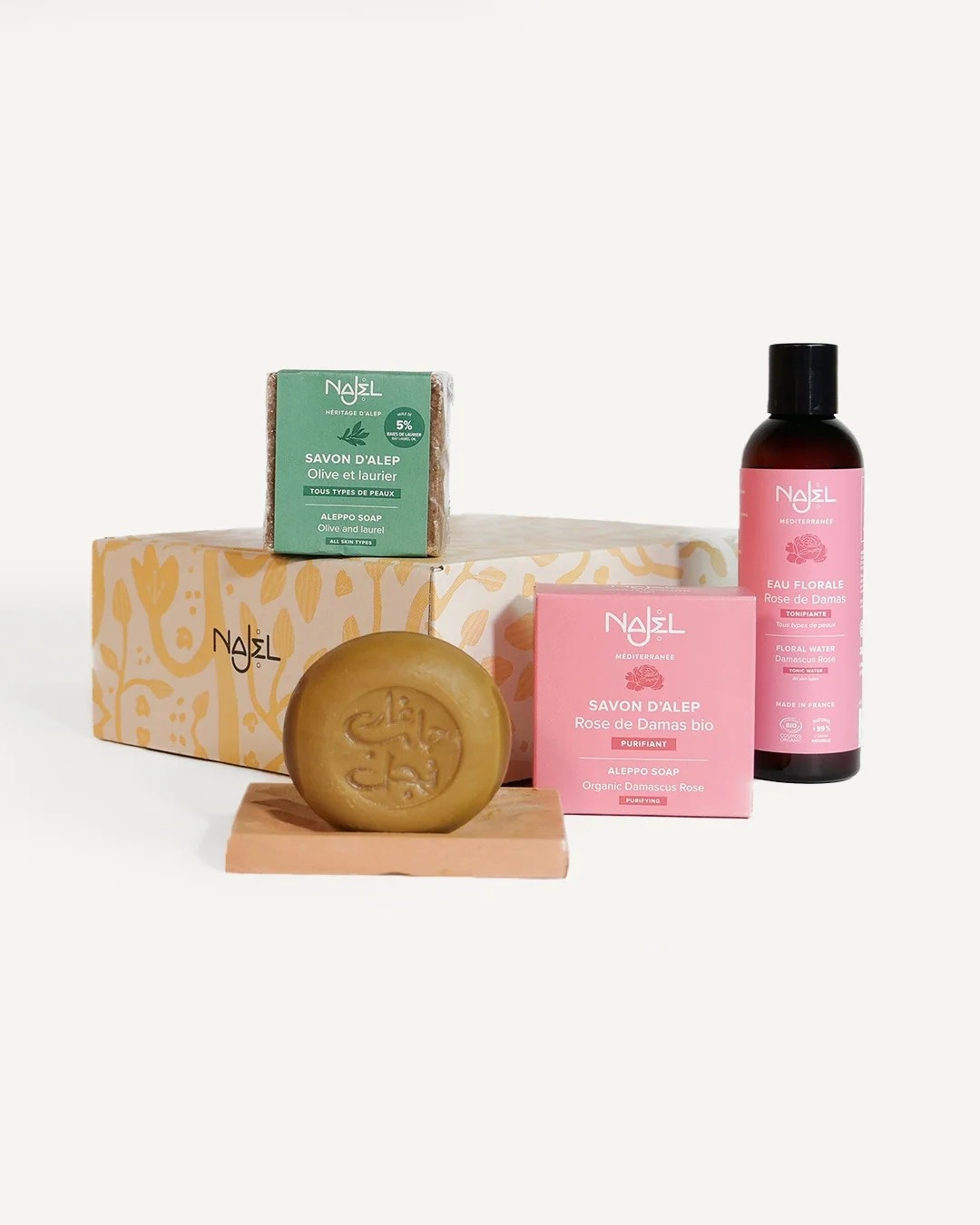 Geschenkset Damaszener Rose – Aleppo Seifen, Rosenwasser & Seifenschale