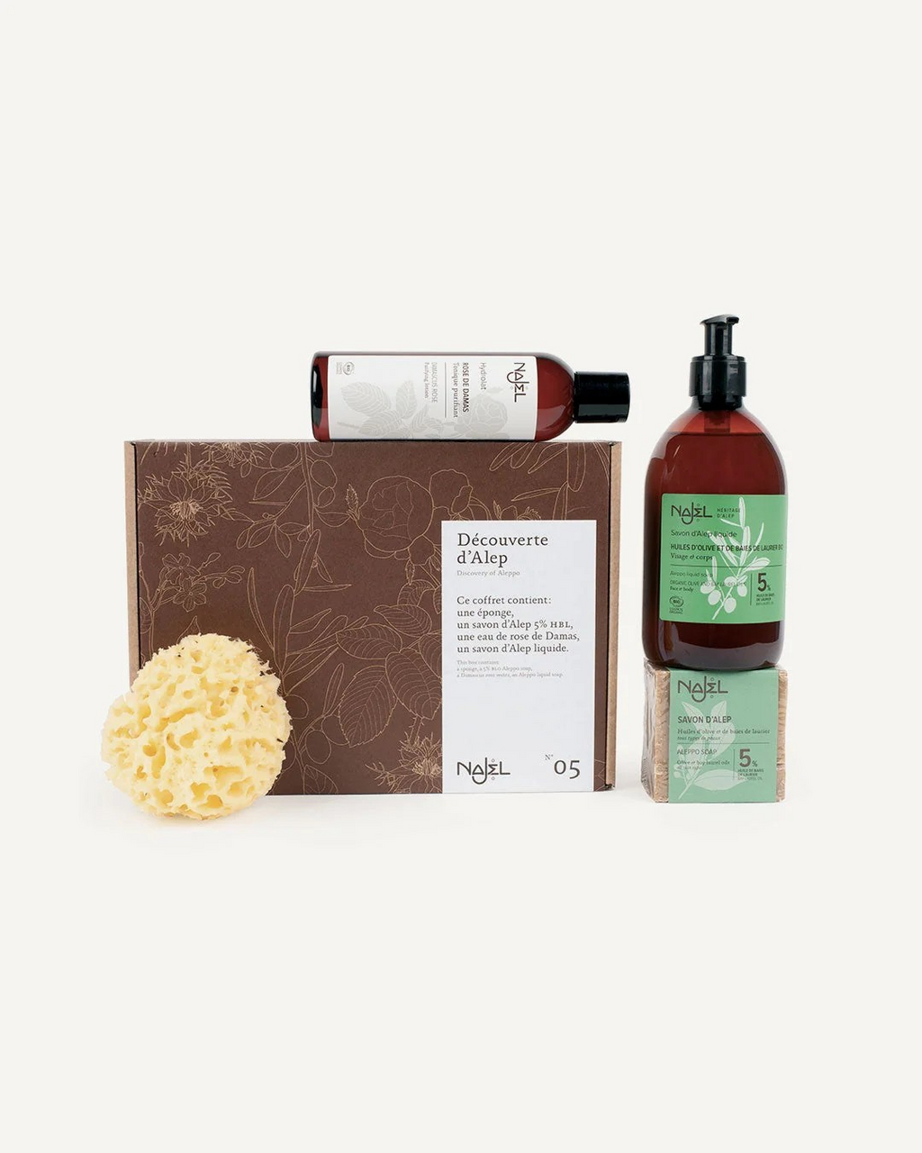 Geschenkset Aleppo Entdeckung – Aleppo Seife, Flüssigseife, Rosenwasser & Schwamm