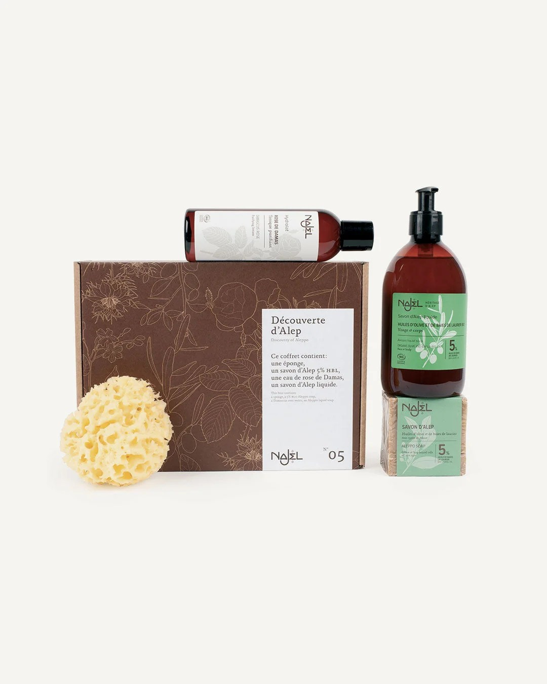 Geschenkset Aleppo Entdeckung – Aleppo Seife, Flüssigseife, Rosenwasser & Schwamm