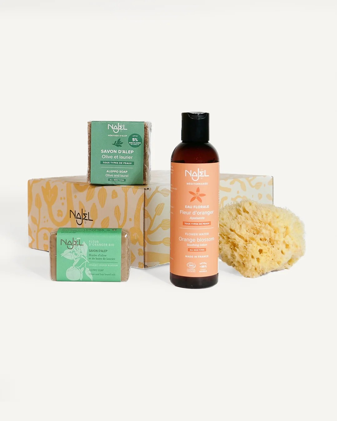 Geschenkset Orangenblüte – Aleppo Seifen, Orangenblütenwasser & Schwamm